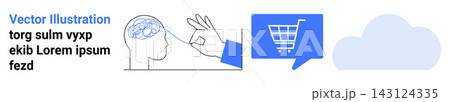 Artificial intelligence, e-commerce, cloud technology, digital innovation, data analysis, human intellect. Brain scan illustration, shopping cart and cloud icon. AI and e-commerce applications Artificial intelligence, e-commerce, cloud technology, digital innovation, data analysis, human intellect. Brain scan illustration, shopping cart and cloud icon. AI and e-commerce applications 143124335