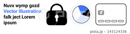 Data protection, finance monitoring, cybersecurity, digital payments, analytics, secure transactions. Black padlock, pie chart and credit card. Data protection and finance monitoring concept 143124336