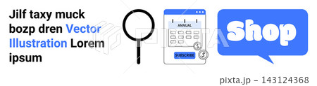 E-commerce, online shopping, subscription model, payment reminders, search functionality, retail trends. Magnifying glass, calendar with subscription speech bubble with shop. E-commerce 143124368