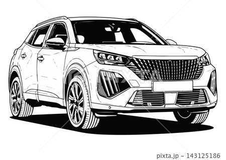 Studio shot of a Red colored 2024 modern suv car right front three quarter view isolated on white background Studio shot of a Red colored 2024 modern suv car right front three quarter view isolated on white background 143125186
