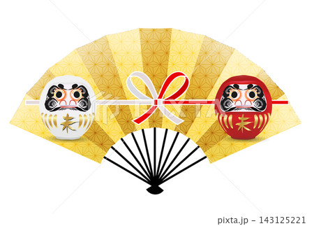 紅白のダルマと金色の扇子にお祝いの水引を添えた和風装飾 紅白のダルマと金色の扇子にお祝いの水引を添えた和風装飾 143125221