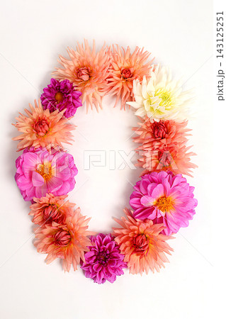 Number 0 created from real, fresh dahlia flowers. Floral typography concept, floral font with colorful, vibrant flowers,A unique collection of letters and numbers for design. 143125251