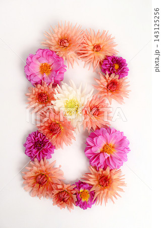 Number 8 created from real, fresh dahlia flowers. Floral typography concept, floral font with colorful, vibrant flowers,A unique collection of letters and numbers for design. Number 8 created from real, fresh dahlia flowers. Floral typography concept, floral font with colorful, vibrant flowers,A unique collection of letters and numbers for design. 143125256