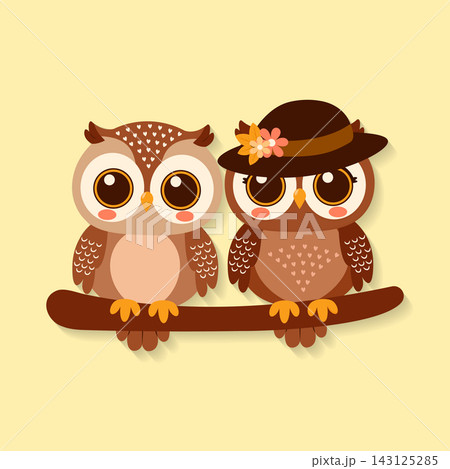 sweet loving owls vector characters on tree branch. sweet loving owls vector characters on tree branch. 143125285