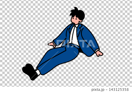 リラックスして座る・浮遊する青いスーツの若者・男子学生のフラットベクターイラスト リラックスして座る・浮遊する青いスーツの若者・男子学生のフラットベクターイラスト 143125358