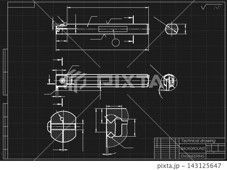 Mechanical engineering drawing of cutting tool on black background. Thread cutting tool construction with dimensions and sections. Technical turning blueprint. Vector illustration. Mechanical engineering drawing of cutting tool on black background. Thread cutting tool construction with dimensions and sections. Technical turning blueprint. Vector illustration. 143125647