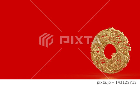 Ornate Golden Chinese Dragon Medallion on Red Background 3d render. 143125715