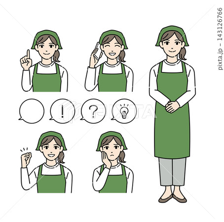 エプロンをつけた若い女性店員のポーズイラストセット エプロンをつけた若い女性店員のポーズイラストセット 143126766