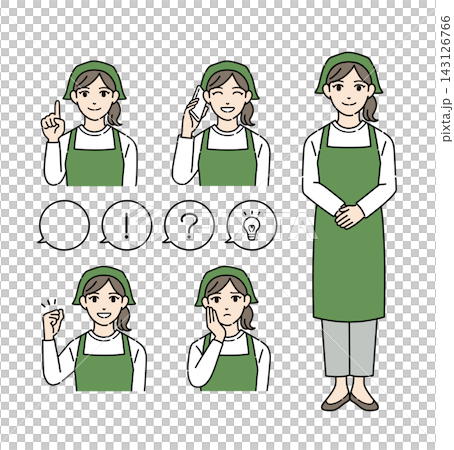 エプロンをつけた若い女性店員のポーズイラストセット エプロンをつけた若い女性店員のポーズイラストセット 143126766