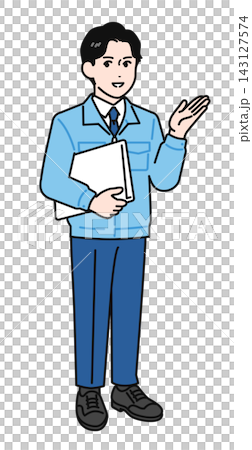 説明をする作業着姿の若い男性の全身イラスト 143127574