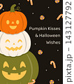 Cute Halloween greeting with stacked pumpkins, candy canes and festive wishes 143127792