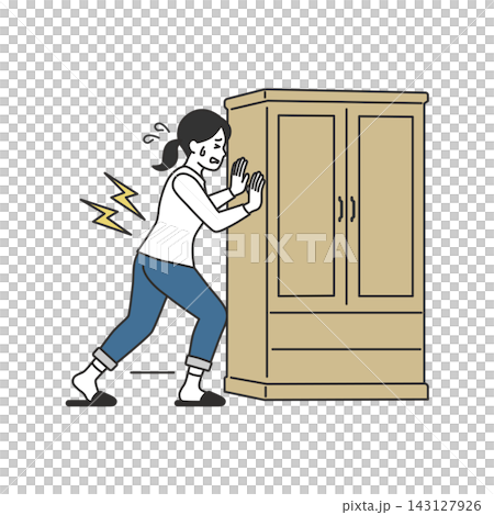 一幅插圖,描繪了一位女士獨自搬運重型家具時扭傷背部的情景。 一幅插圖,描繪了一位女士獨自搬運重型家具時扭傷背部的情景。 143127926