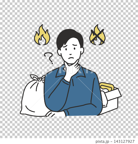 插圖描繪了一個人撓著頭，似乎對可燃垃圾和不可燃垃圾的分類規則感到困惑。 143127927