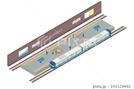 アイソメトリックイラスト：地下鉄のプラットホームと電車と人々 143128492