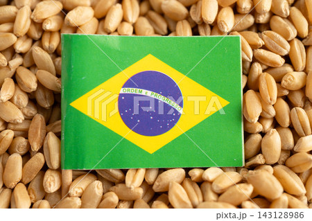 Brazil flag with Wheat and grains ears agricultural, organic farm. Brazil flag with Wheat and grains ears agricultural, organic farm. 143128986