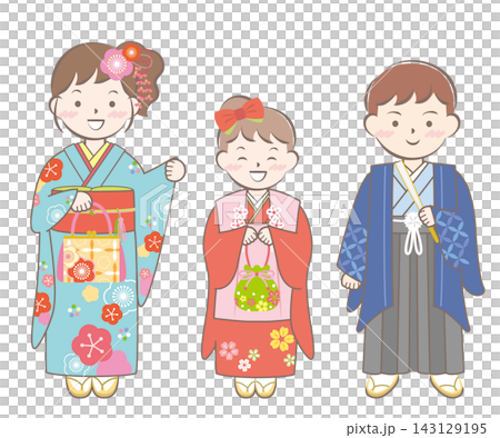 孩子們穿著和服參加七五三節(日本兒童傳統成年禮)和新年拜訪 孩子們穿著和服參加七五三節(日本兒童傳統成年禮)和新年拜訪 143129195