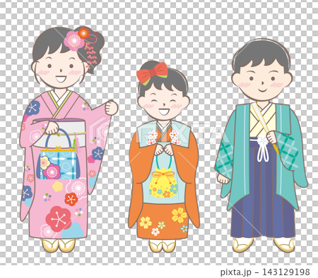 孩子們穿著和服參加七五三節(日本兒童傳統成年禮)和新年拜訪 孩子們穿著和服參加七五三節(日本兒童傳統成年禮)和新年拜訪 143129198