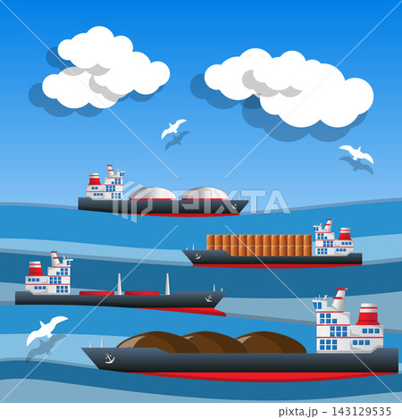 Cargo ships in the sea. Side view. Vector illustration. 143129535