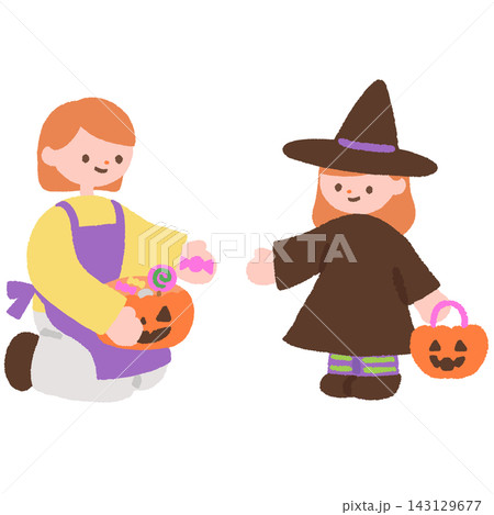ハロウィンで先生からお菓子をもらう魔女の仮装をした子ども ハロウィンで先生からお菓子をもらう魔女の仮装をした子ども 143129677