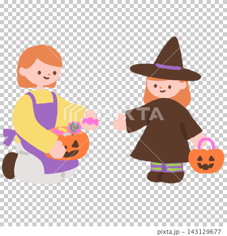 ハロウィンで先生からお菓子をもらう魔女の仮装をした子ども ハロウィンで先生からお菓子をもらう魔女の仮装をした子ども 143129677