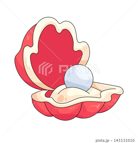 Illustration of open clam shell with pearl Illustration of open clam shell with pearl 143131010