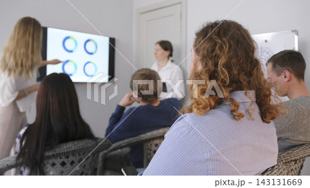 A group of students is watching a business presentation on a TV screen. The woman sitting in front points to a diagram on the screen A group of students is watching a business presentation on a TV screen. The woman sitting in front points to a diagram on the screen 143131669