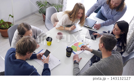 Teamwork. A group of students is sitting at a table and working on a project. There are cups of coffee on the table Teamwork. A group of students is sitting at a table and working on a project. There are cups of coffee on the table 143132127