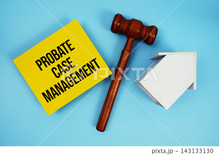 Probate Case Management text with judgment gavel and house model on blue background Probate Case Management text with judgment gavel and house model on blue background 143133130