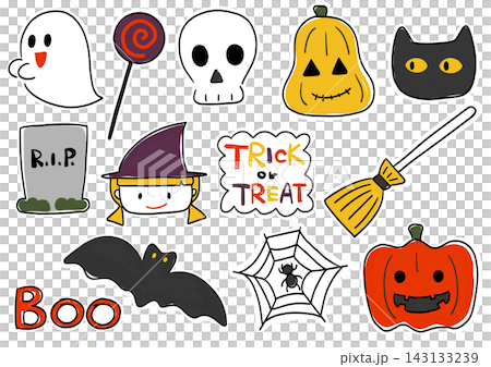 組み合わせて使えるハロウィンのステッカー風手書き素材セット1 143133239
