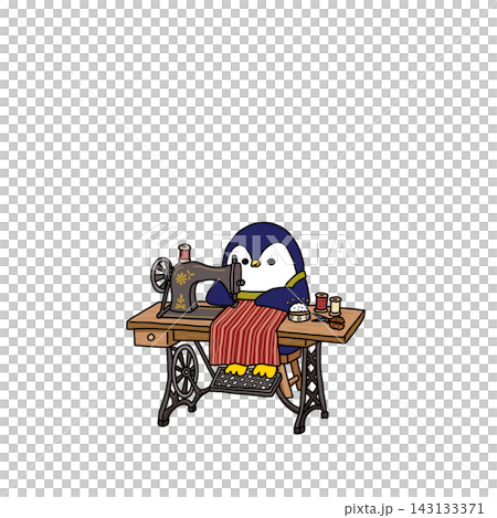 An illustration of a penguin sewing with a sewing machine. An illustration of a penguin sewing with a sewing machine. 143133371