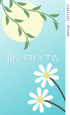 Minimalist botanical vertical background and mobile wallpaper with leafy branches, a stylized sun, and white flowers on a smooth gradient Minimalist botanical vertical background and mobile wallpaper with leafy branches, a stylized sun, and white flowers on a smooth gradient 143133437