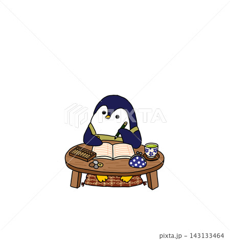 そろばんを使って家計簿をつけるペンギンのイラスト そろばんを使って家計簿をつけるペンギンのイラスト 143133464