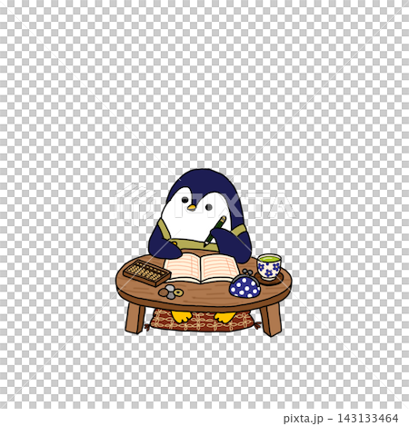 そろばんを使って家計簿をつけるペンギンのイラスト そろばんを使って家計簿をつけるペンギンのイラスト 143133464