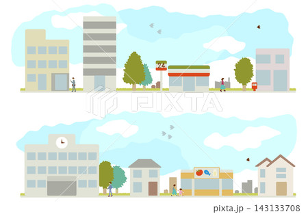 街並みと建物を描いた都市・住宅街の背景イラストセット 街並みと建物を描いた都市・住宅街の背景イラストセット 143133708