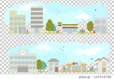 街並みと建物を描いた都市・住宅街の背景イラストセット 街並みと建物を描いた都市・住宅街の背景イラストセット 143133708