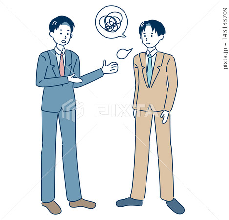 説明がうまく伝わらず意思疎通に困っているビジネスマンのイラスト 線あり 説明がうまく伝わらず意思疎通に困っているビジネスマンのイラスト 線あり 143133709