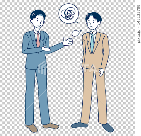 説明がうまく伝わらず意思疎通に困っているビジネスマンのイラスト 線あり 説明がうまく伝わらず意思疎通に困っているビジネスマンのイラスト 線あり 143133709