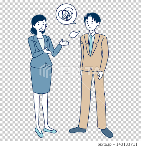 説明がうまく伝わらず意思疎通に困っている男女のビジネス人物イラスト 線あり 143133711