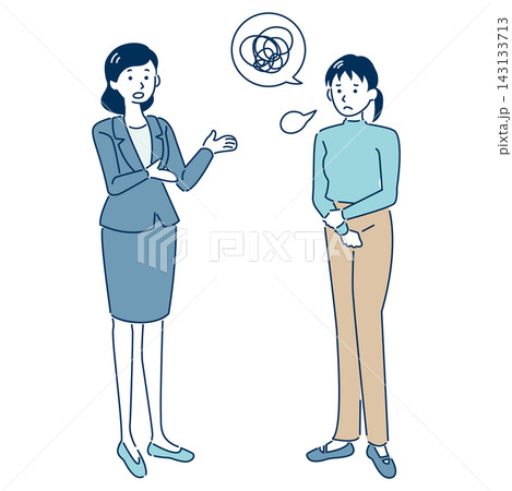 説明がうまく伝わらず意思疎通に困っている女性同士のビジネス人物イラスト 線あり 143133713