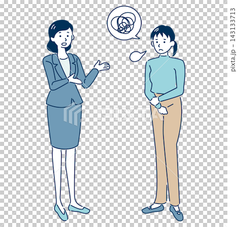 説明がうまく伝わらず意思疎通に困っている女性同士のビジネス人物イラスト 線あり 143133713