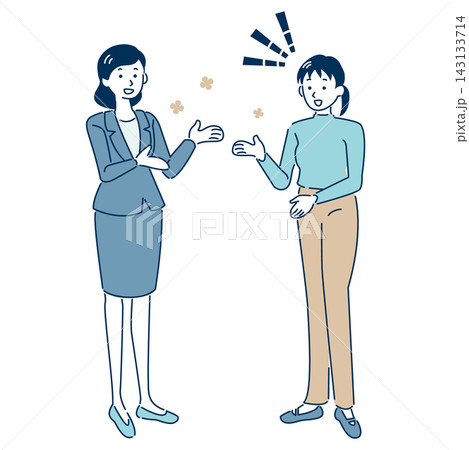 会話が弾み和気あいあいと話す女性同士のビジネス人物イラスト 線あり 会話が弾み和気あいあいと話す女性同士のビジネス人物イラスト 線あり 143133714