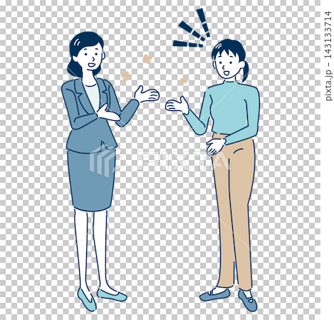会話が弾み和気あいあいと話す女性同士のビジネス人物イラスト 線あり 会話が弾み和気あいあいと話す女性同士のビジネス人物イラスト 線あり 143133714