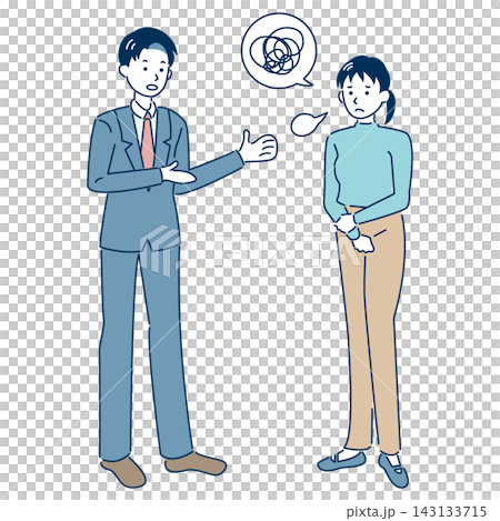 一幅插圖，描繪了一男一女商務人士因缺乏清晰的解釋而難以進行有效溝通（附輪廓線）。 143133715