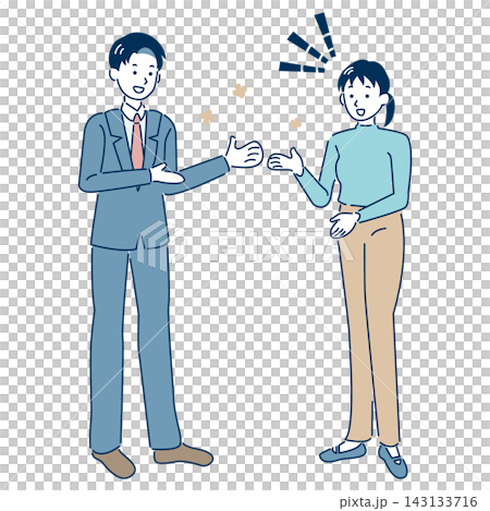 一幅描繪一對商務夫婦(以輪廓線勾勒)進行生動友好交談的插圖。 一幅描繪一對商務夫婦(以輪廓線勾勒)進行生動友好交談的插圖。 143133716