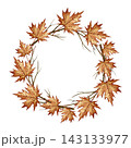 A wreath made of branches with maple leaves. A hand drawn watercolor illustration. Perfect for stickers, packaging, and greeting cards, labels, prints, and much more. 143133977