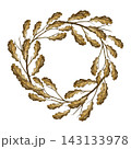 A wreath made of branches with oak leaves. Hand drawn watercolor illustration. Perfect for stickers, packaging, greeting cards, labels, prints, and much more. 143133978