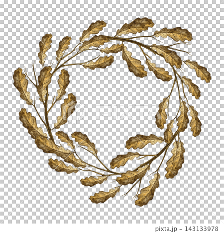 A wreath made of branches with oak leaves. Hand drawn watercolor illustration. Perfect for stickers, packaging, greeting cards, labels, prints, and much more. 143133978