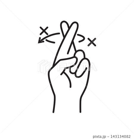 Minimalist black outline icon showing a hand with crossed fingers representing disapproval or shaking the head no. 143134082