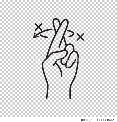 Minimalist black outline icon showing a hand with crossed fingers representing disapproval or shaking the head no. Minimalist black outline icon showing a hand with crossed fingers representing disapproval or shaking the head no. 143134082