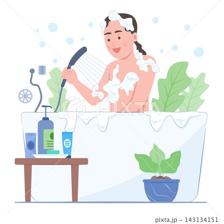 Relaxing Kid Girl Take a Bath, Washing Hair and Soaking in Bathtub for Clean Body and Healthcare Concept Illustration Clip Art Relaxing Kid Girl Take a Bath, Washing Hair and Soaking in Bathtub for Clean Body and Healthcare Concept Illustration Clip Art 143134151